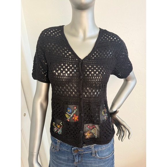 Teddi Sweaters - Vintage Black Crochet Short Sleeve Cardigan Floral Embroidered Mesh Cottagecore